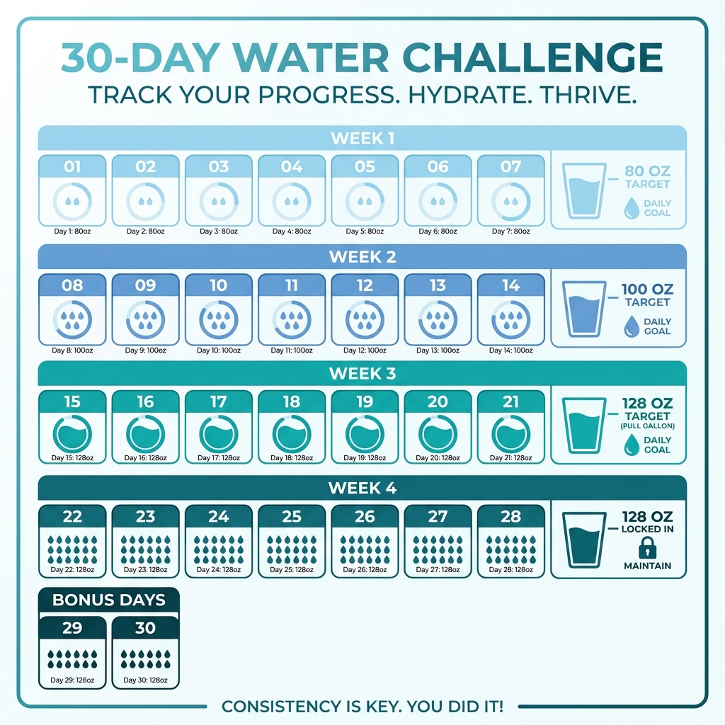 30-day gallon water challenge blueprint showing progressive weekly targets from 80oz to full gallon