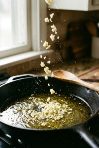 While peppers bake, heat 1 tsp olive oil in a skillet over medium heat.