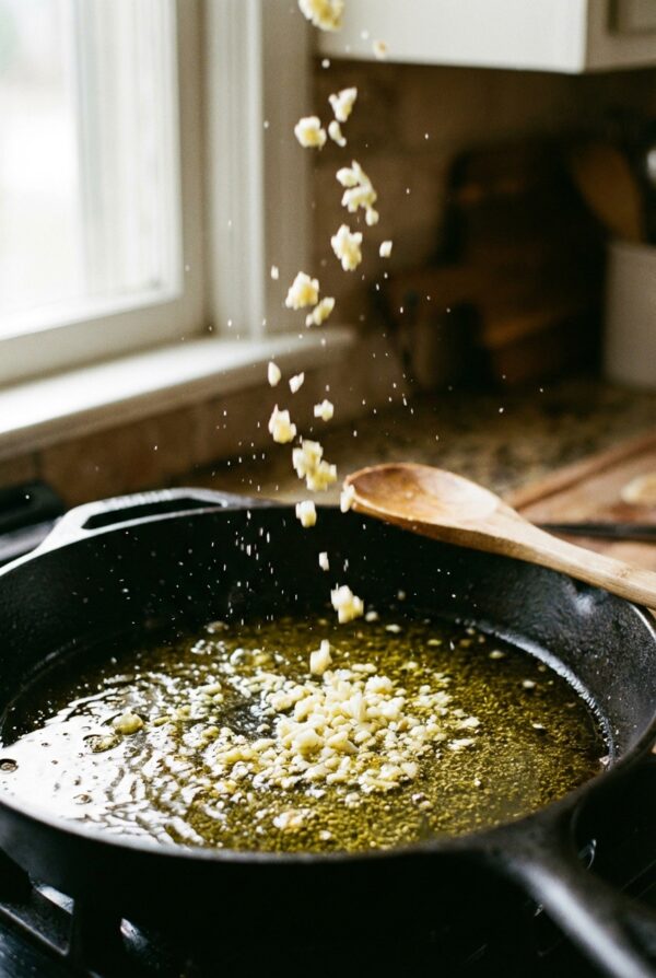 While peppers bake, heat 1 tsp olive oil in a skillet over medium heat.