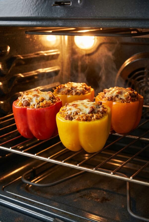 Spoon filling into each softened pepper half (about ¼ cup per half).