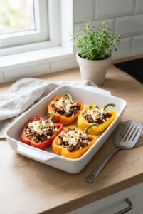 Bake for 25–30 minutes until peppers are tender and tops are lightly golden.