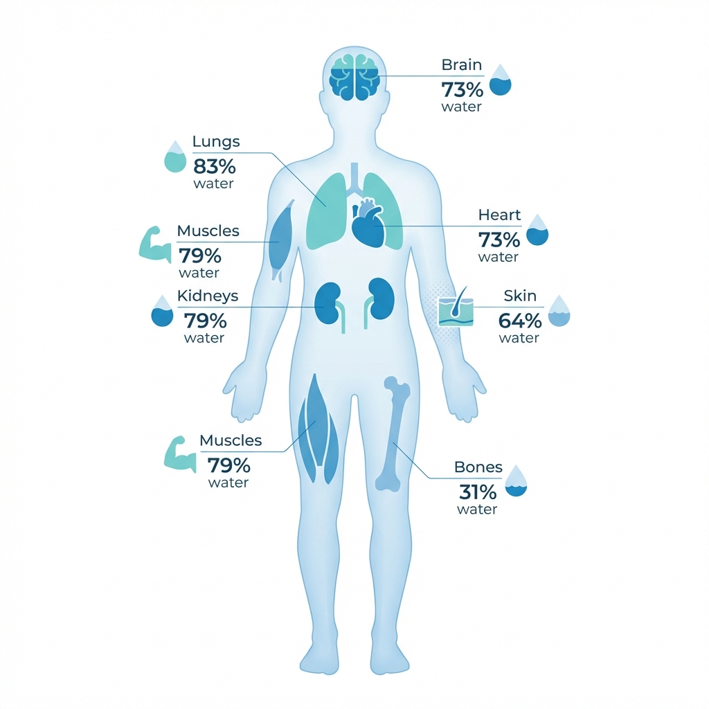 Human body water composition showing brain 73%, lungs 83%, heart 73%, kidneys 79%, muscles 79%, skin 64%, and bones 31% water