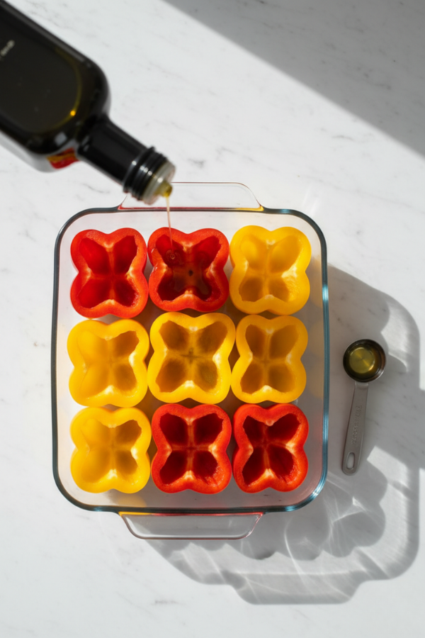 Place pepper halves cut-side up in a baking dish. Drizzle lightly with olive oil.