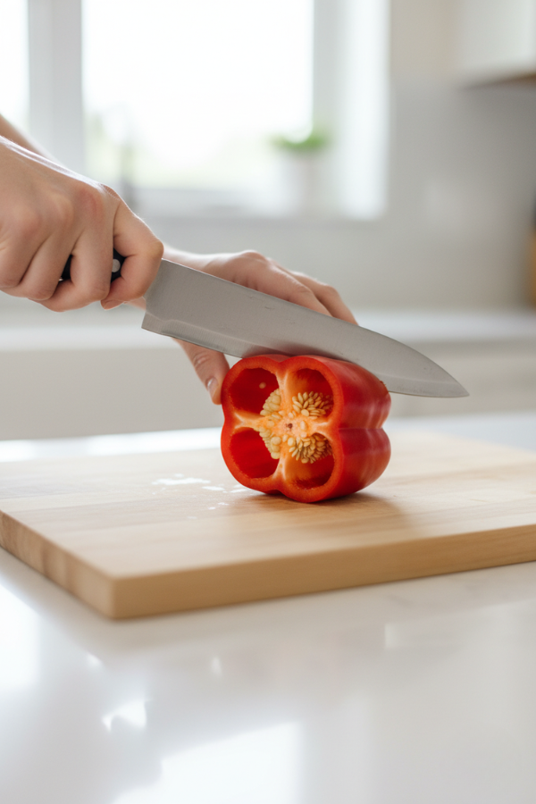 Slice the bell peppers in half lengthwise. Remove the seeds and membranes.