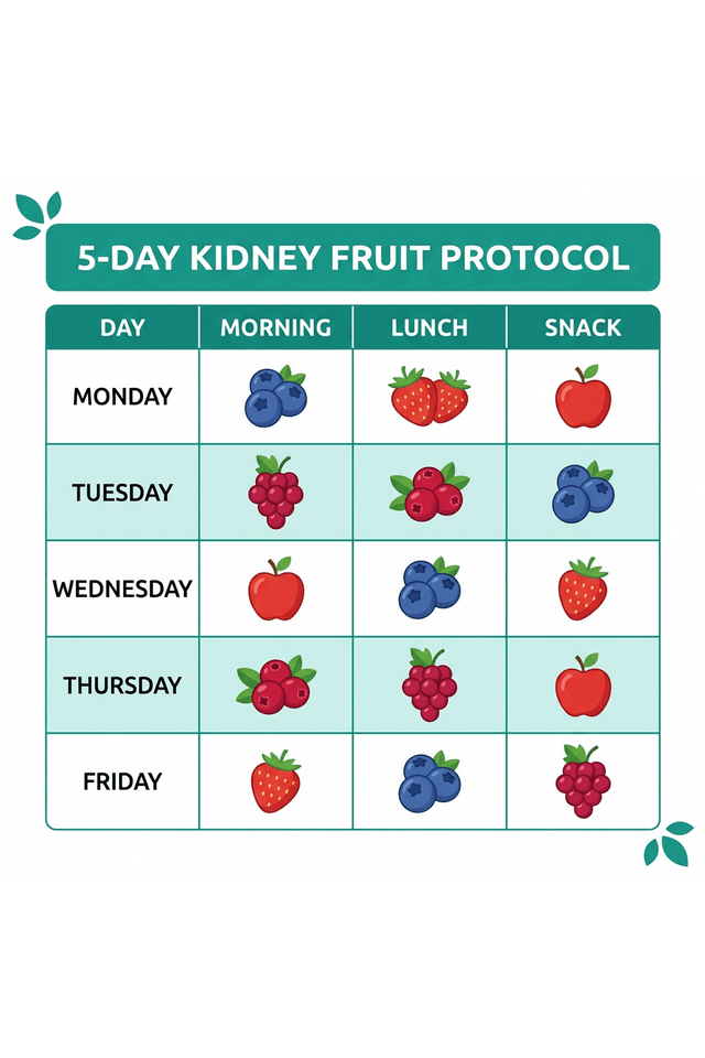 5-day kidney fruit protocol weekly plan — showing daily fruit selections Mon to Fri with blueberries, strawberries, grapes, apple, cranberries