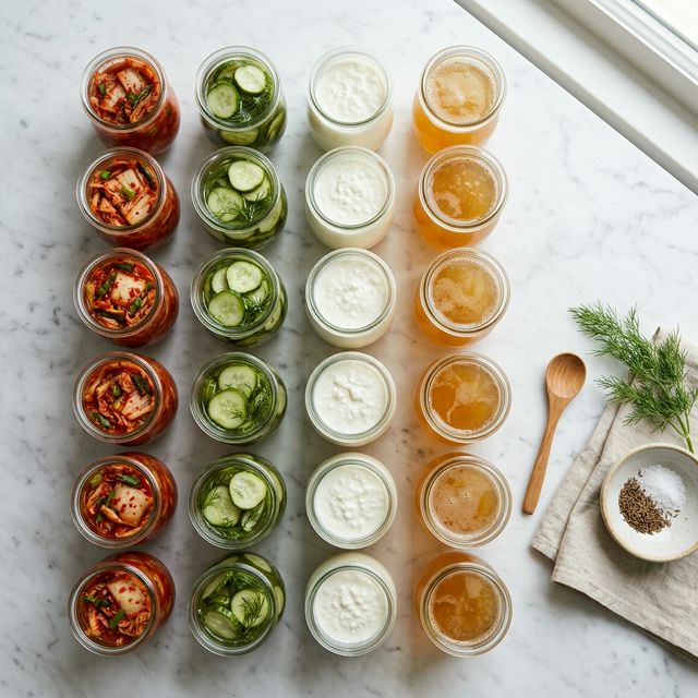A weekly meal prep layout of diverse fermented food samples in small bowls