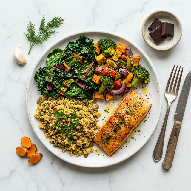Anti-inflammatory plate formula: half plate vegetables, quarter plate wild salmon, quarter plate quinoa and lentils, drizzled with olive oil and turmeric garnish