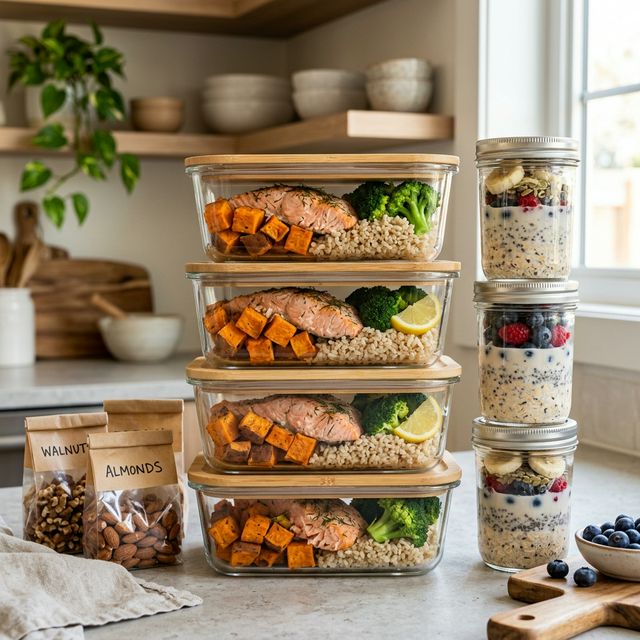 Week 3 anti-inflammatory meal plan Sunday prep: glass containers with prepped salmon, brown rice, roasted vegetables, and overnight oat jars ready for the week