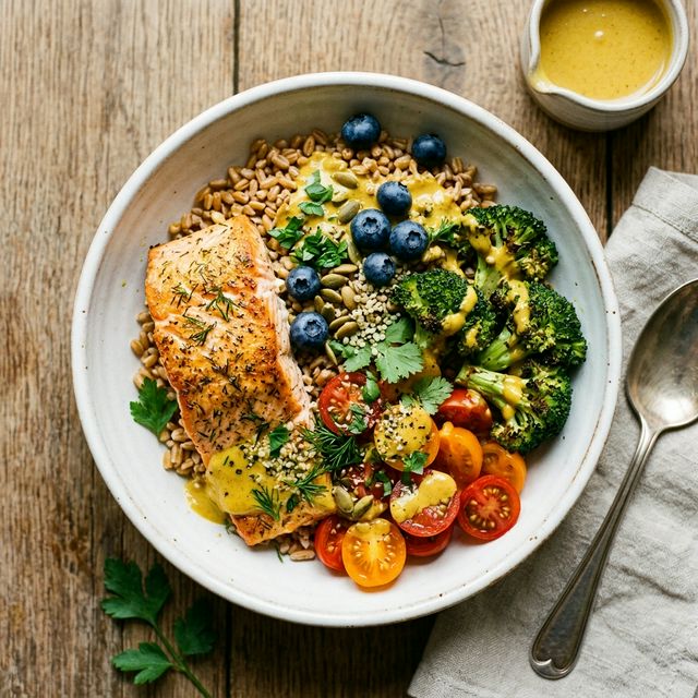 Anti-inflammatory grain bowl: golden farro base, baked salmon chunk, roasted broccoli, cherry tomatoes, golden turmeric tahini drizzle, fresh blueberries scattered on top — white bowl, warm overhead natural light