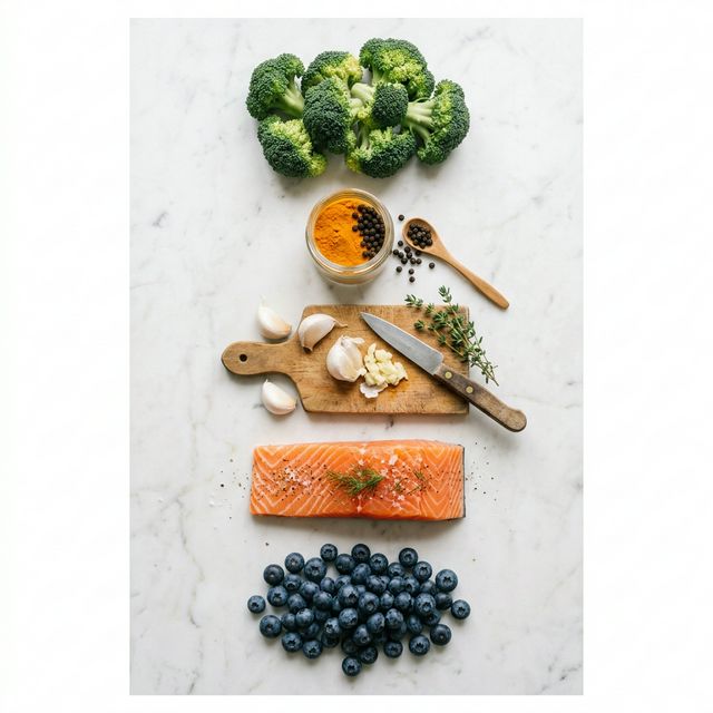 Five anti-inflammatory foods flat-lay portrait: broccoli florets, turmeric jar with black peppercorns, crushed garlic on wooden board, raw salmon fillet, fresh blueberries — white marble surface, natural overhead lighting