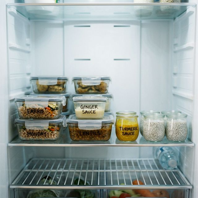 Organized refrigerator shelf with glass meal prep containers: labeled Farro, Lentils, Turmeric Sauce, Ginger Sauce, and chia pudding jars — soft cold fridge light, clean organized shelves