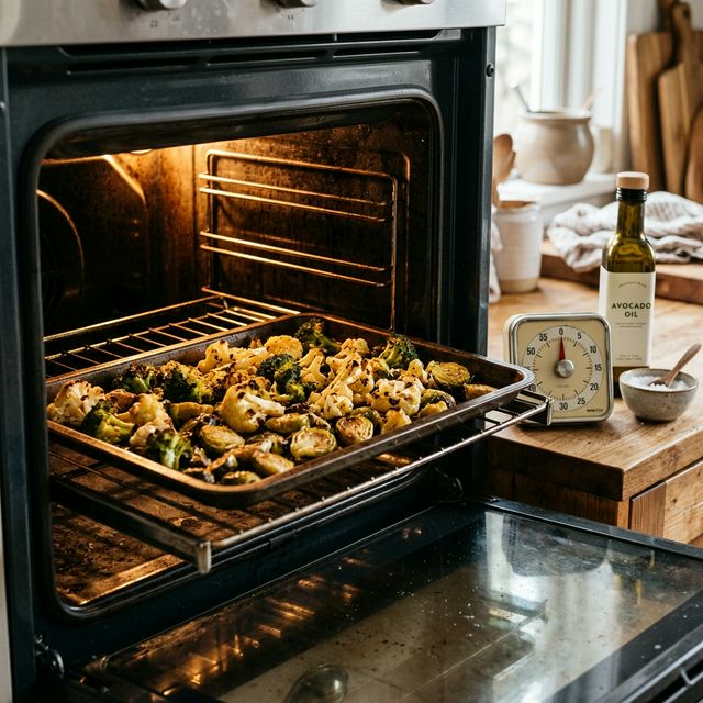 Kitchen oven with roasting tray of broccoli, cauliflower and Brussels sprouts — kitchen timer set to 25 minutes on counter, bottle of avocado oil nearby, warm oven light