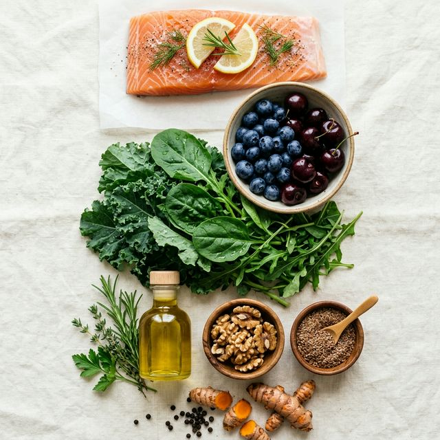 GREEN anti-inflammatory superfoods arranged beautifully: wild salmon fillet, bowl of blueberries and cherries, dark leafy greens, extra virgin olive oil bottle, walnuts, ground flaxseed, and turmeric root with black pepper