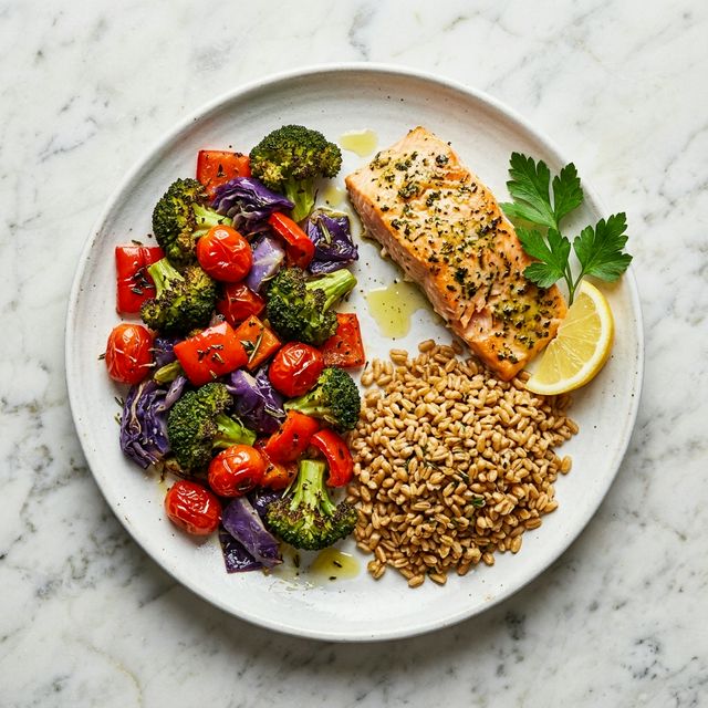 The Anti-Inflammatory Plate Formula: a white ceramic plate with half roasted colorful vegetables, quarter baked salmon fillet, quarter golden farro grain, drizzle of olive oil, fresh parsley and lemon garnish