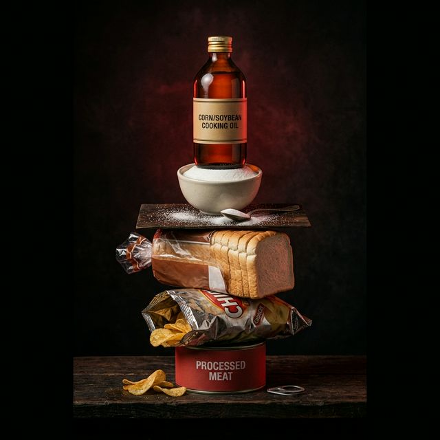 RED inflammatory habit foods arranged with dramatic moody lighting: seed oil bottle, white sugar bowl, white bread loaf, processed snack bag, and canned processed meat