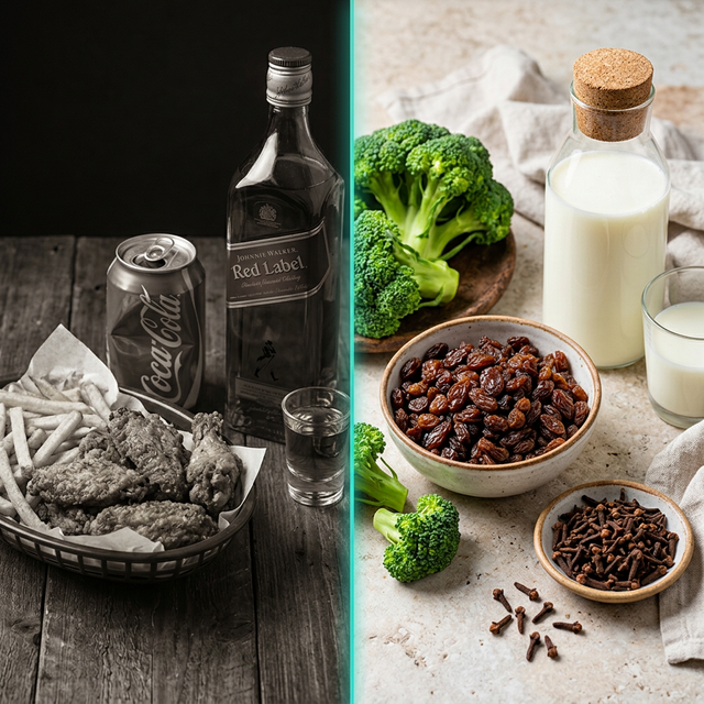 Split image showing harmful foods to avoid vs organ-protective whole foods