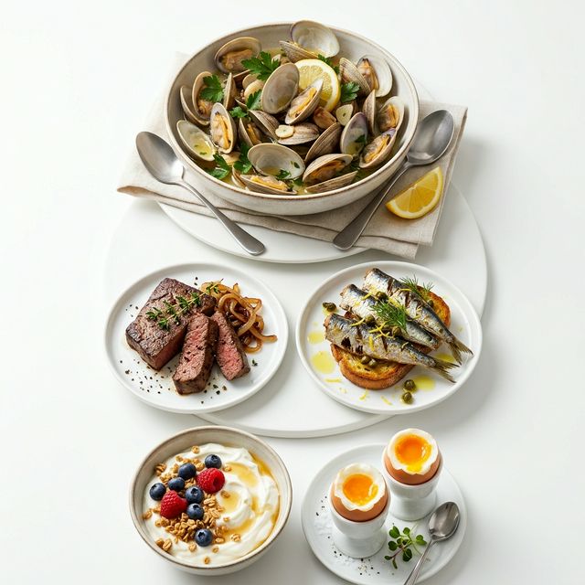 Visual ranking of B12 foods from clams and liver down to eggs and yogurt