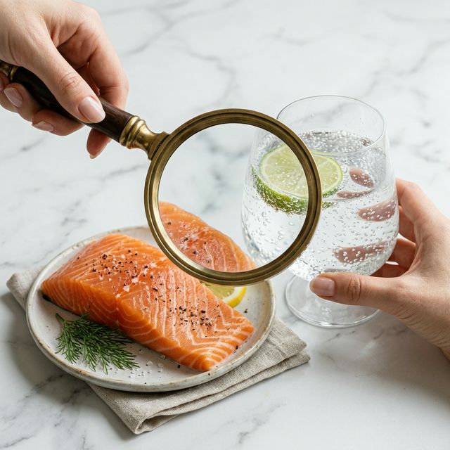 Magnifying glass over salmon and water representing the complexity of B12 absorption