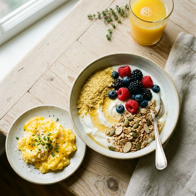 B12 energy breakfast bowl with Greek yogurt, nutritional yeast, berries, and eggs