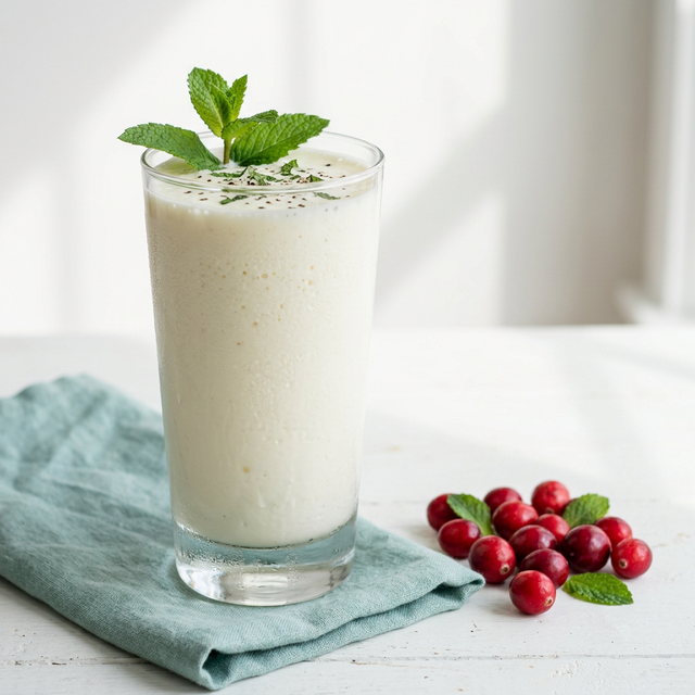Glass of buttermilk with fresh mint and cranberries for bladder health support