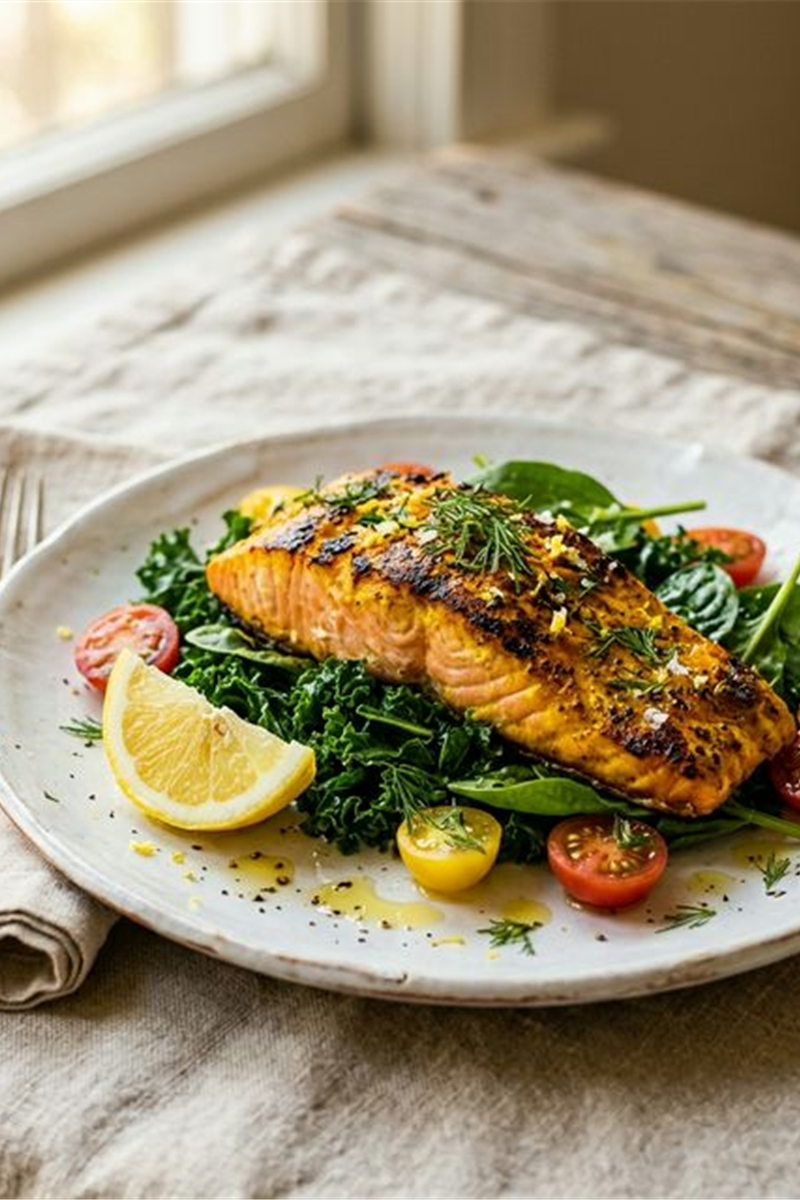 Grilled salmon with turmeric crust on kale with cherry tomatoes and olive oil