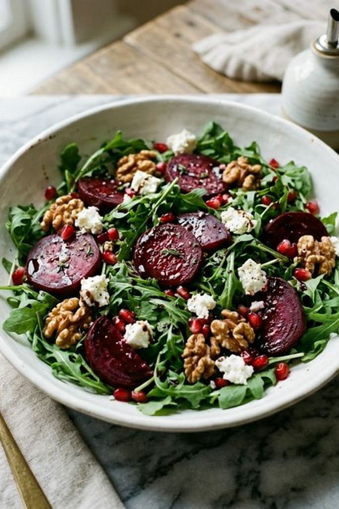 Arugula beet salad with walnuts and goat cheese for Mediterranean anti-inflammatory brain support