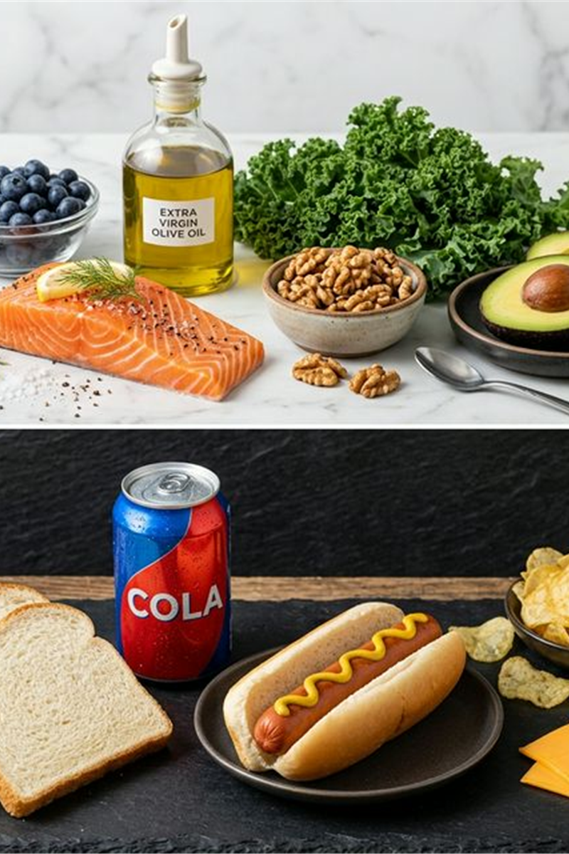 Healthy anti-inflammatory foods compared with processed inflammatory foods side by side