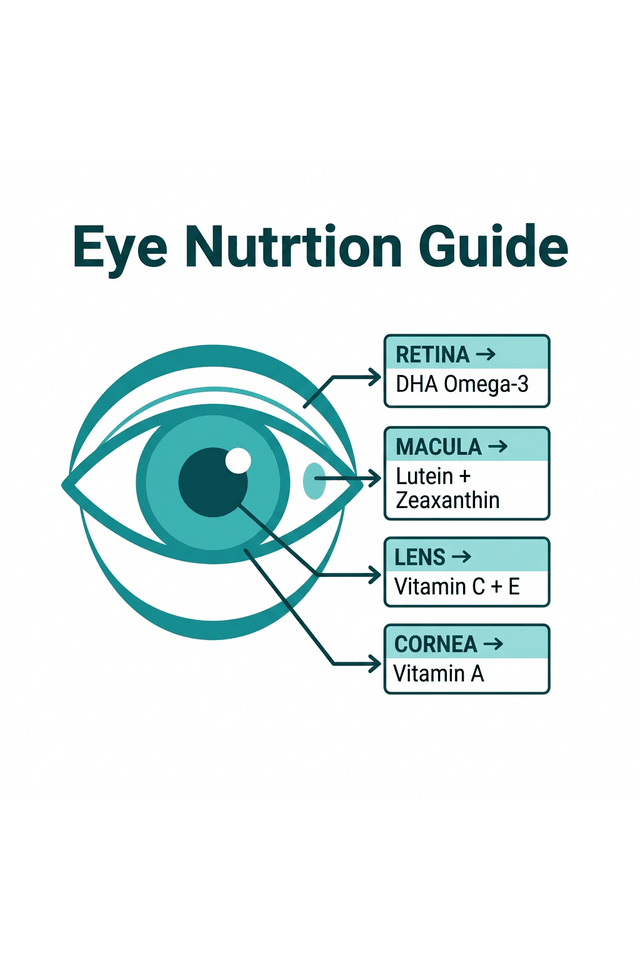 Eye Nutrition Guide diagram showing which nutrients protect each eye structure: Retina needs DHA Omega-3, Macula needs Lutein and Zeaxanthin, Lens needs Vitamin C and E, Cornea needs Vitamin A