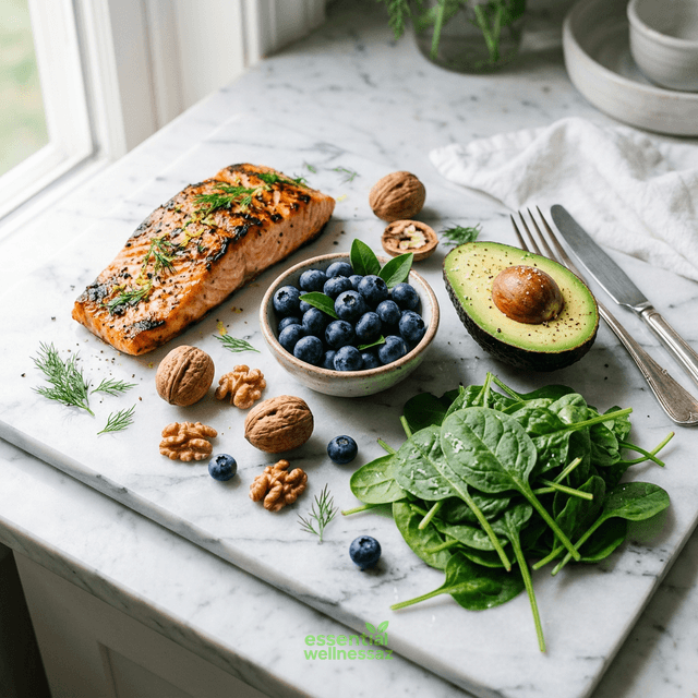 Five best brain health foods: salmon, blueberries, walnuts, avocado, and spinach on white marble