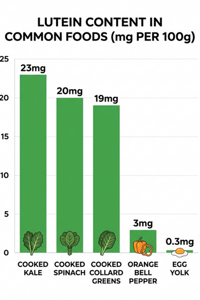 Bar chart comparing lutein content per food serving: cooked kale 23mg, spinach 20mg, collard greens 19mg, orange bell pepper 3mg, egg yolk 0.3mg with 3x bioavailability note