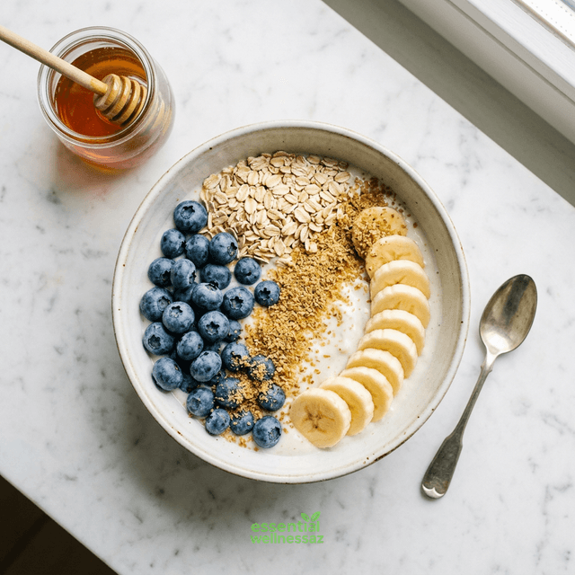 Synbiotic breakfast bowl: kefir with banana, oats, blueberries, and flaxseed