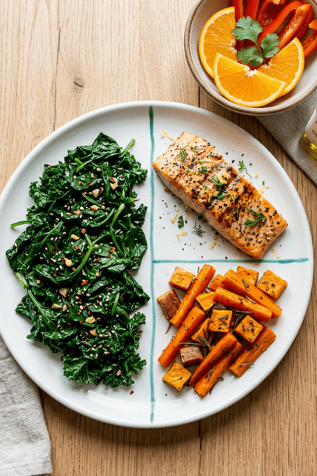 The Eye Plate Method: plate divided into half dark leafy greens, quarter omega-3 salmon, quarter orange vegetables, with citrus and olive oil on the side