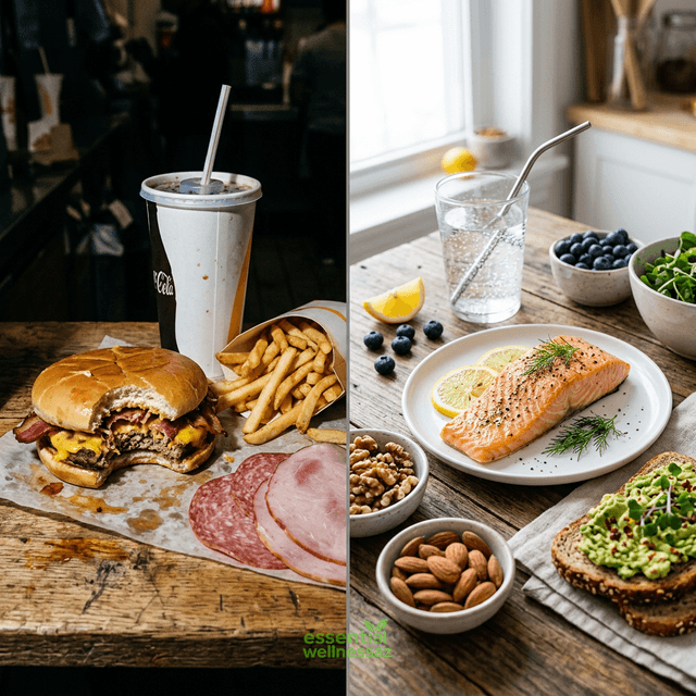 Brain-damaging foods (burger, soda, fries) vs brain-healing foods (salmon, blueberries, avocado) split comparison