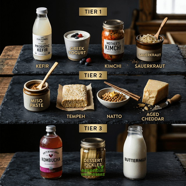 Probiotic foods tier chart showing three potency levels from Tier 1 to Tier 3