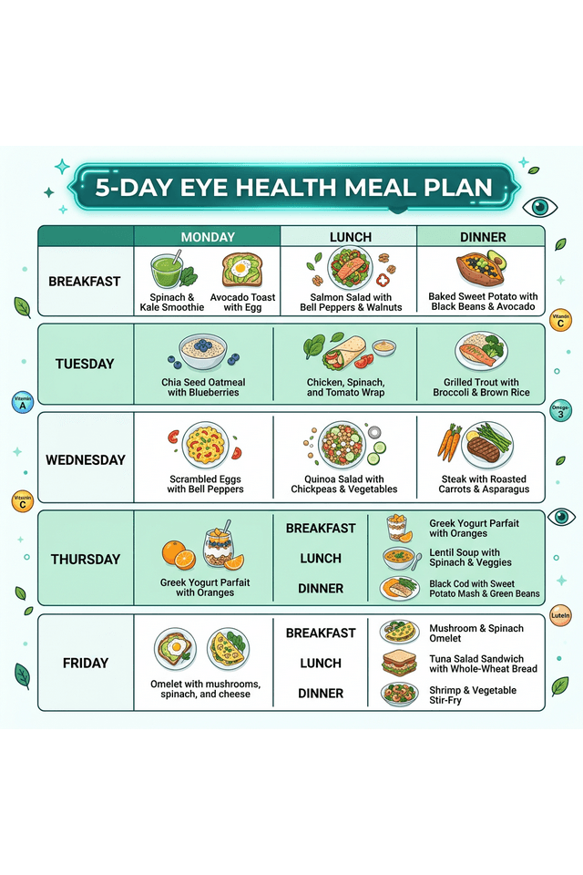 5-day eye health meal plan showing breakfast, lunch, and dinner for Monday through Friday with all 6 eye-protective nutrients covered each day