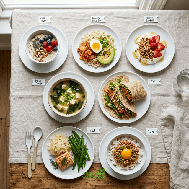 7-day gut reset meal plan with probiotic foods following the 3-2-1 daily rule