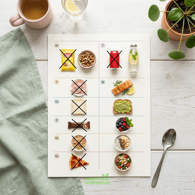 7-day brain healthy food swap plan flat lay showing healthy food replacements