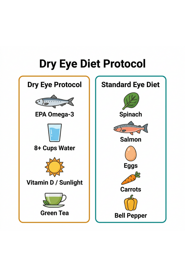 Dry Eye Diet Protocol versus Standard Eye Health Diet — split comparison showing EPA omega-3 emphasis, Vitamin D, water intake, and green tea for dry eye with spinach salmon eggs carrots and bell pepper for standard eye diet