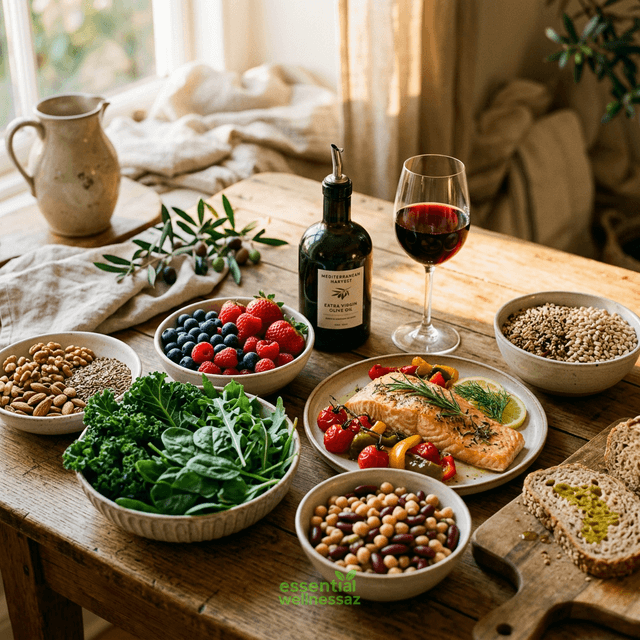 MIND diet Mediterranean spread with olive oil, berries, leafy greens, whole grains, fish, beans and nuts