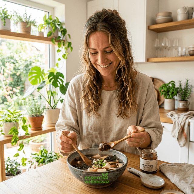 Woman adding miso paste to soup in a bright natural kitchen