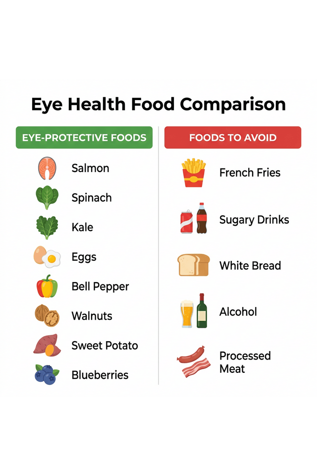Eye Health Food Comparison — two-column infographic: Eye-Protective Foods including salmon spinach kale eggs bell pepper walnuts sweet potato blueberries versus Foods to Avoid including french fries sugary drinks white bread alcohol processed meat