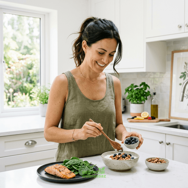 Woman in bright kitchen preparing brain-healthy breakfast with blueberries, walnuts, yogurt and salmon