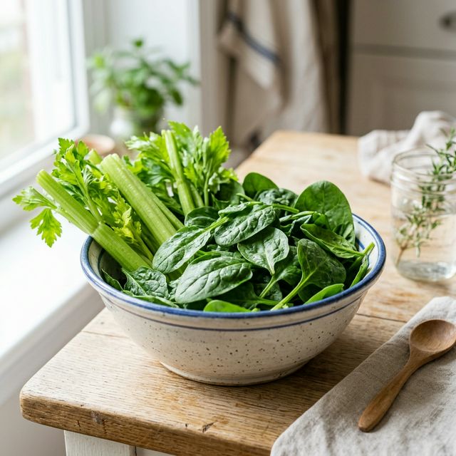 Fresh celery stalks and baby spinach leaves rich in potassium and magnesium