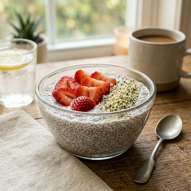 Chia seed hydration gel bowl with strawberries and hemp hearts