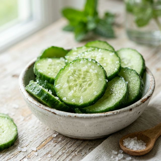 Macro shot of sliced cucumbers sprinkled with sea salt crystals for electrolyte balance
