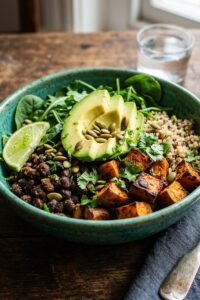 Sweet potato black bean bowl for luteal phase cycle syncing