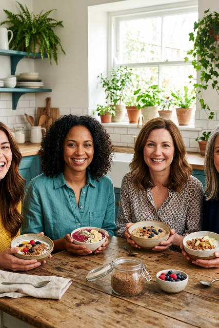 Women at different life stages holding flaxseed breakfast bowls showing hormone benefits by age