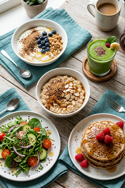 Five ways to add flax seeds to daily meals including yogurt bowl, smoothie, and oatmeal