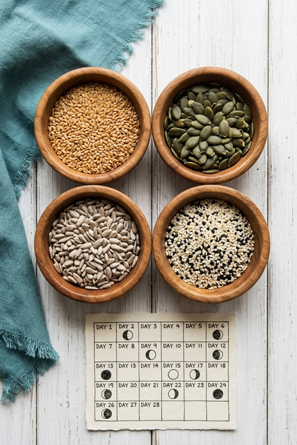 Seed cycling protocol showing flax, pumpkin, sesame, and sunflower seeds in small bowls