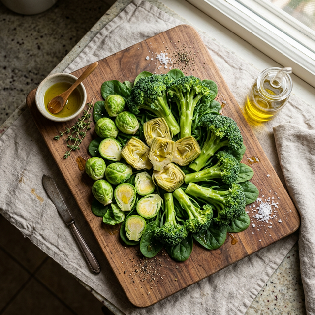 Flat-lay of cruciferous vegetables including broccoli, artichoke, Brussels sprouts, and spinach for gallbladder health
